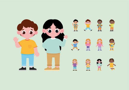 Colorful Kids Back To School Happy Children Illustrations Set