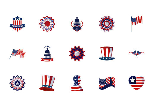 Blue And Red Presidents Day Celebration Patriotic USA Symbols Illustrations Set