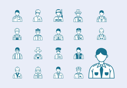 Blue Professions Occupations Jobs Uniform Careers Icons Set