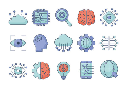 Colorful Artificial Intelligence Technology AI Icons Set