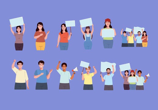 Colorful Activism Protest People Demonstration Characters Illustrations Set