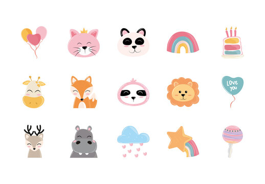 Colorful Cute Animals Weather Pastel Illustrations Set