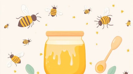17.A bright, cheerful vector of a wooden honey spoon and a jar with honey flowing from it, with bees flying around the scene in a lively pattern, perfect for a World Bee Day greeting card design.