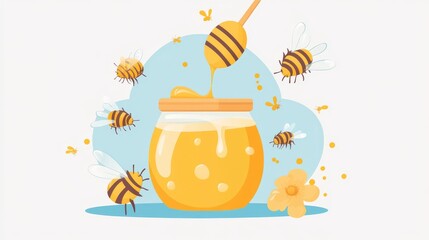 17.A bright, cheerful vector of a wooden honey spoon and a jar with honey flowing from it, with bees flying around the scene in a lively pattern, perfect for a World Bee Day greeting card design.