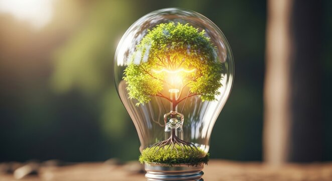 A light bulb with a tree inside, emitting a bright light, set against a blurred green background. - Powered by Adobe