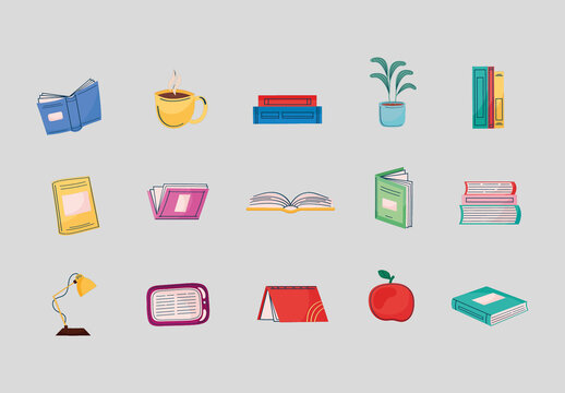 Colorful Books Education Stationery Illustrations Set