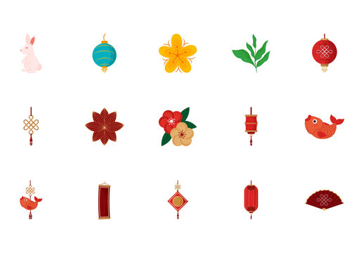 Colorful Chinese New Year Celebration Traditional Illustrations Set