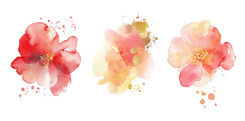 Naklejka premium A watercolor illustration featuring three blooming flowers in shades of red and yellow. delicate petals and soft brushstrokes. perfect for backgrounds or floral-themed designs