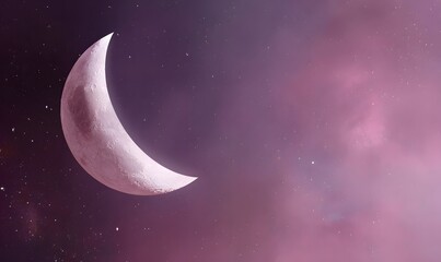 a large crescent moon on a starry background of near-black with a violet tint, accented with a soft pink-lavender glow