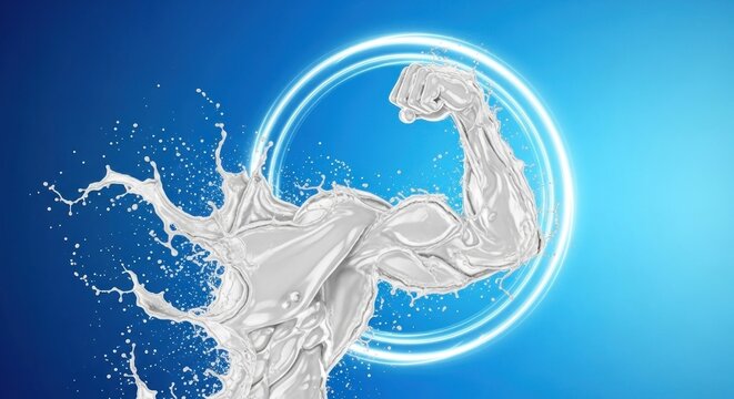 A muscular figure in a white liquid, with a blue background and circular light effects.