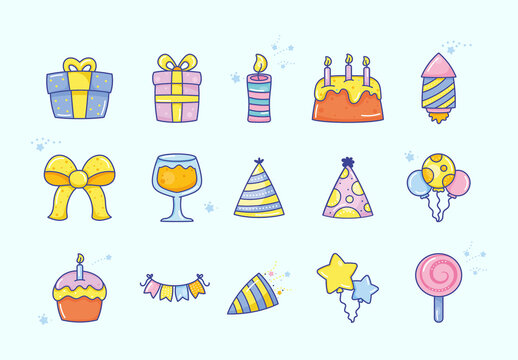 Colorful Birthday Cute Party Illustrations Set