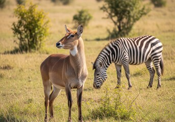 A waterbuck stands tall while a zebra grazes in the african savanna plain