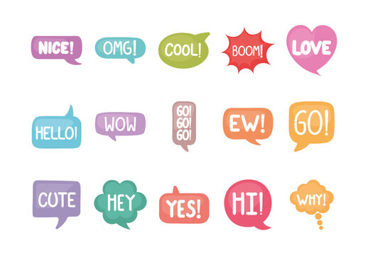 Colorful Cute Fun Doodle Speech Bubble Illustrations Set