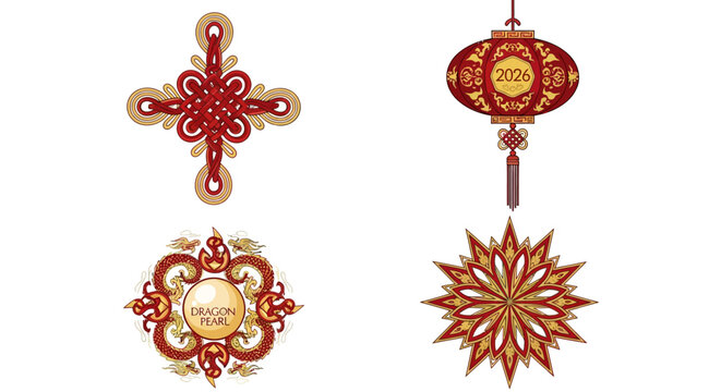 Collection of Ornate Red and Gold Chinese Symbols for Lunar New Year Celebration 2026.