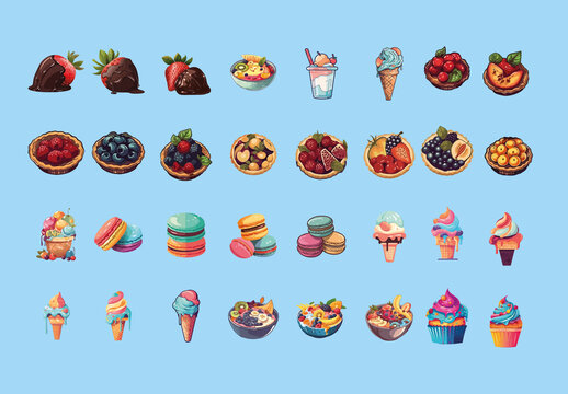 Colorful Dessert Sweet Snack Food Illustrations Set