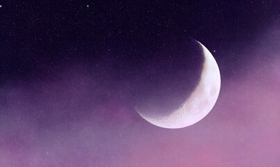a large crescent moon on a starry background of near-black with a violet tint, accented with a soft pink-lavender glow