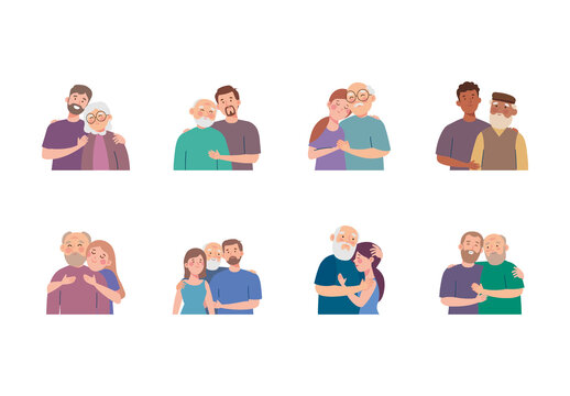 Colorful Grandparents Family Love Characters Illustrations Set
