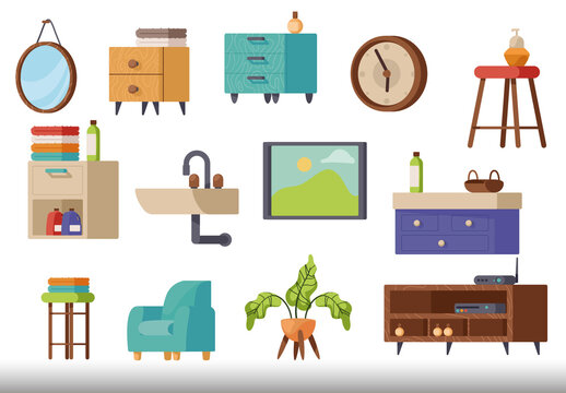 Colorful Furniture Interior Illustrations Set