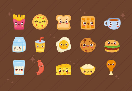 Colorful Food Kawaii Cute Snack Meal Illustrations Set