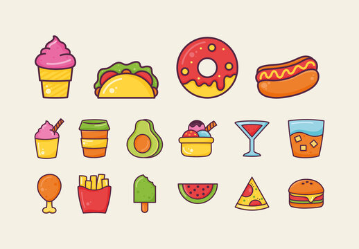 Colorful Food Drink Snack Fast Tasty Illustrations Set