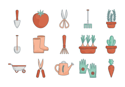Colorful Gardening Tools Plants Vegetables Illustrations Set