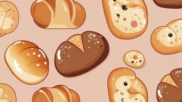 A digital illustration of various types of bread, including chocolate and sesame seed loaves, on a pink background with a flat lay composition and warm, inviting tones.