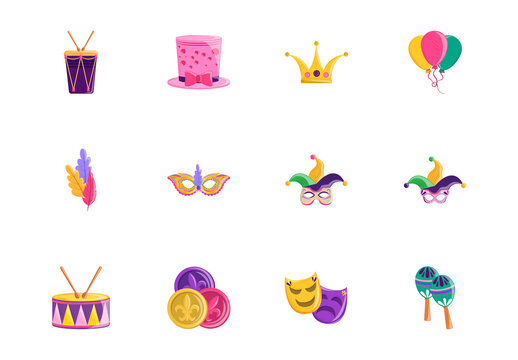 Colorful Mardi Gras Carnival Festival Celebration Illustrations Set