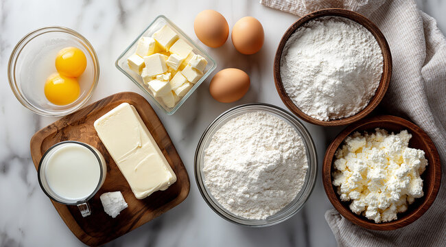 Flat Lay of Ingredients for Making Ricotta on Marble Countertop