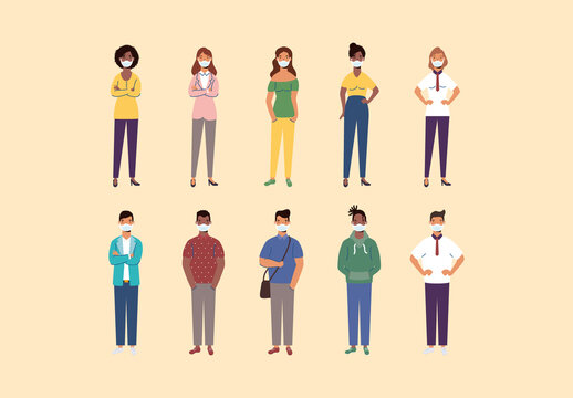 Colorful Mask People Diverse Characters Illustrations Set