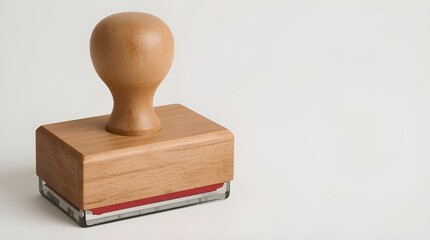 A classic wooden rubber stamp featuring a smooth, polished handle and a sturdy rectangular base. The handle is shaped ergonomically with a rounded top, making it comfortable to grip.