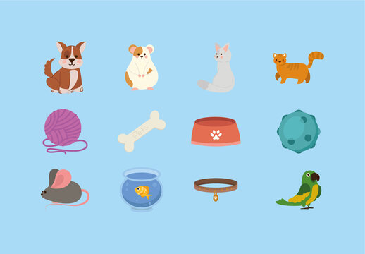 Colorful Cute Dog Cat Pet Store Illustrations Set