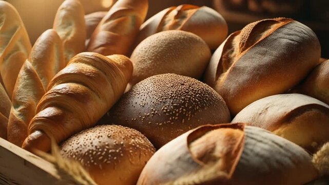 Close-up of assorted bread rolls and croissants in a wicker basket with warm lighting, showcasing various textures and golden brown colors.