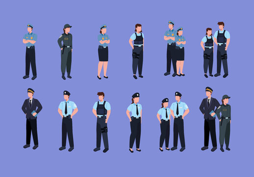 Colorful Police Officer Uniform People Character Illustrations Set