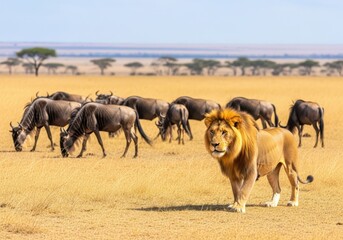 Lion standing near wildebeests in a dry grassland with trees behind them