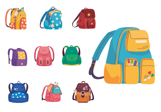 Colorful School Backpack Kids Cute Cartoon Illustrations Set