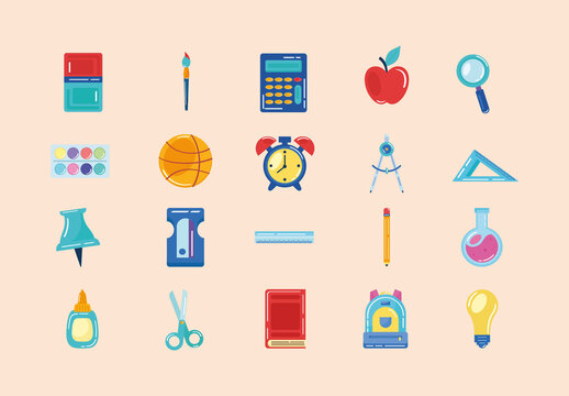 Colorful School Supplies Education Illustrations Set