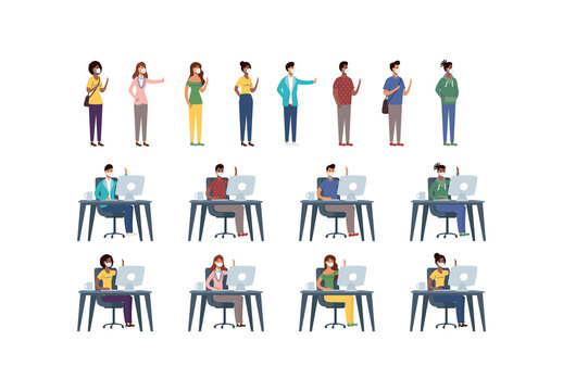 Colorful Social Distancing People Characters Illustrations Set