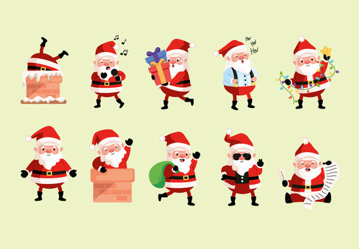 Colorful Santa Claus Christmas Holiday Funny Character Illustrations Set