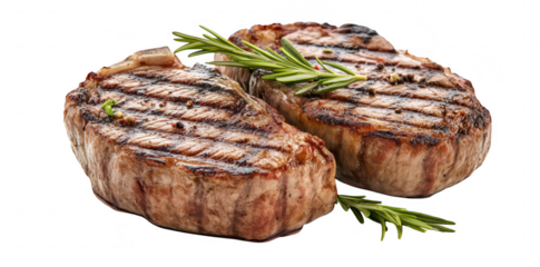 Grilled steak cuts garnished with fresh rosemary. a delicious meal ready to serve. perfect for culinary presentations or food-related promotions