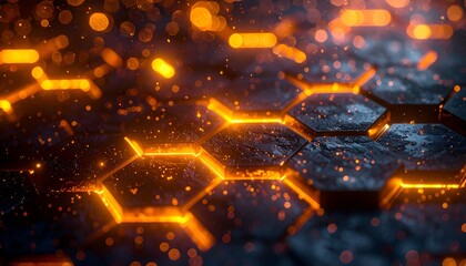 Abstract macro shot, hexagon tiles with glowing orange outlines and bokeh effect
