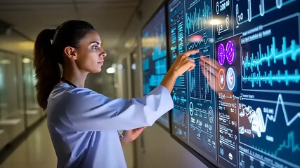 Medical professional analyzing patient data on a digital screen in a modern healthcare facility - Powered by Adobe