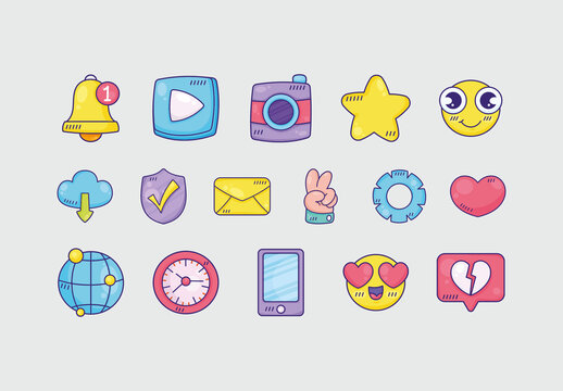 Colorful Social Media Emoji Interface Internet Icons Set