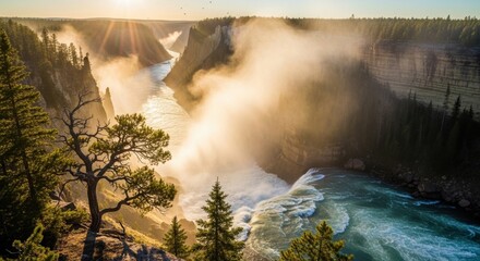 Misty Waterfall Splendor - A Majestic View of Natures Power.
