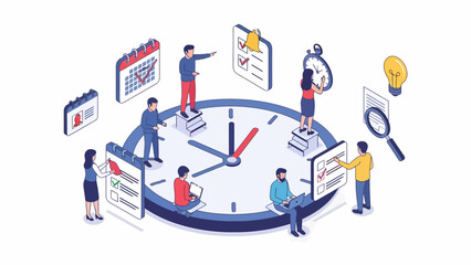 Isometric Teamwork Clock Efficiency For Business Productivity