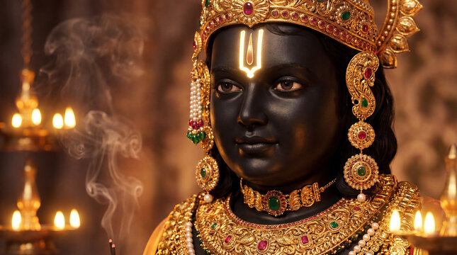Beautiful darkskinned hindu deity statue with golden crown and jewelry, illuminated by oil lamps