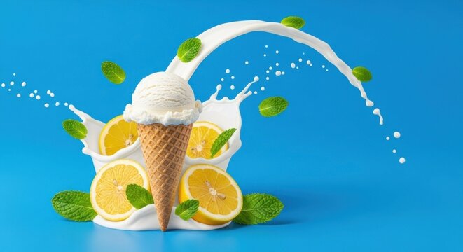 A lemon ice cream cone with lemon slices and mint leaves on a blue background. - Powered by Adobe