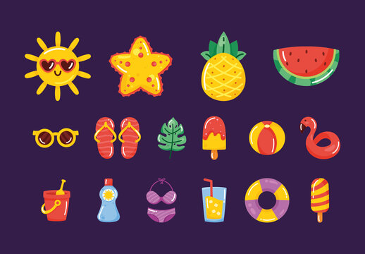Colorful Summer Beach Vacation Tropical Fun Illustrations Set
