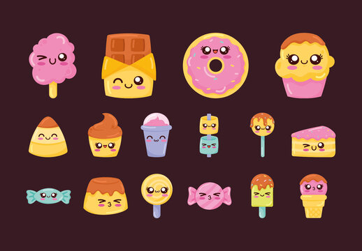 Colorful Sweet Kawaii Food Drink Illustrations Set