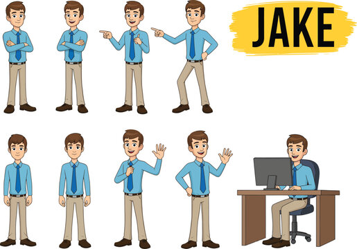 Collection of cartoon business man jake in various poses and actions representing different emotions and work scenarios