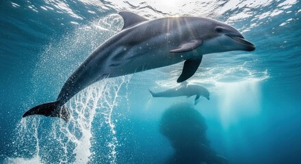 Graceful dolphin swimming in clear blue ocean waters.